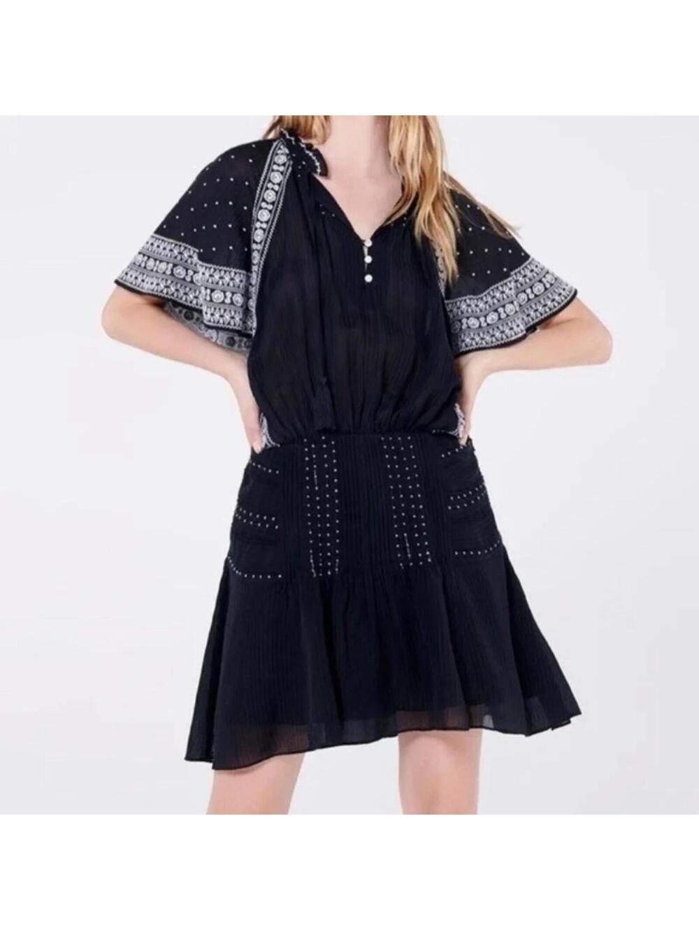 Veronica Beard Minos Embroidered Mini Dress Black White Silk Cotton Tassel Sz4